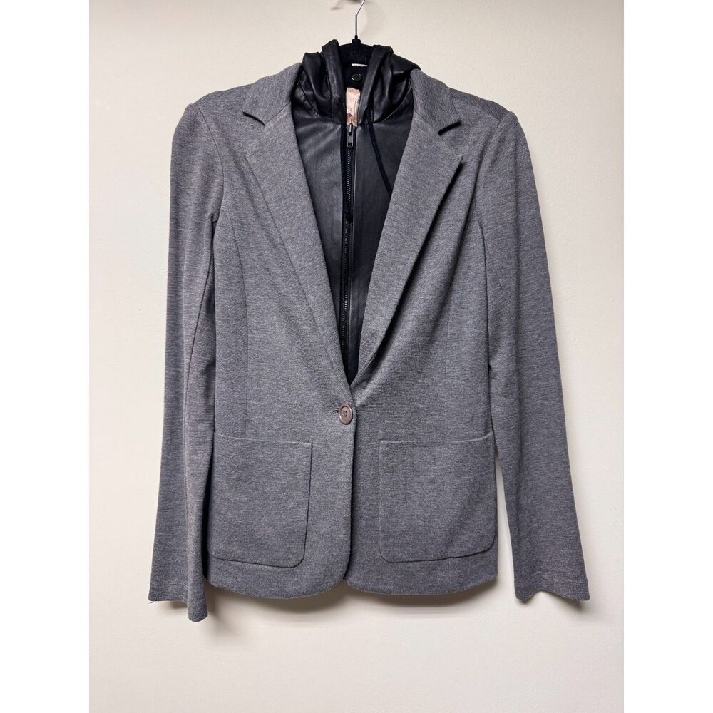 VINTAGE - BAILEY 44 Gray Knit Blazer with Faux Leather Hooded Vest Insert, Sz XS